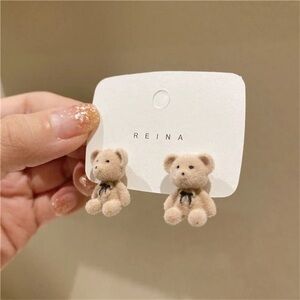 Cream Flocked Stuffed Bear Stud Earrings